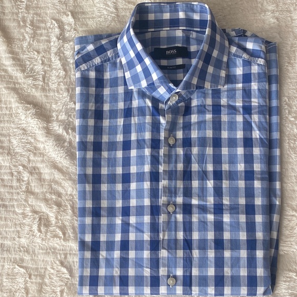 Boss Men's Casual Blue and White Plaid Shirt - Picture 1 of 4